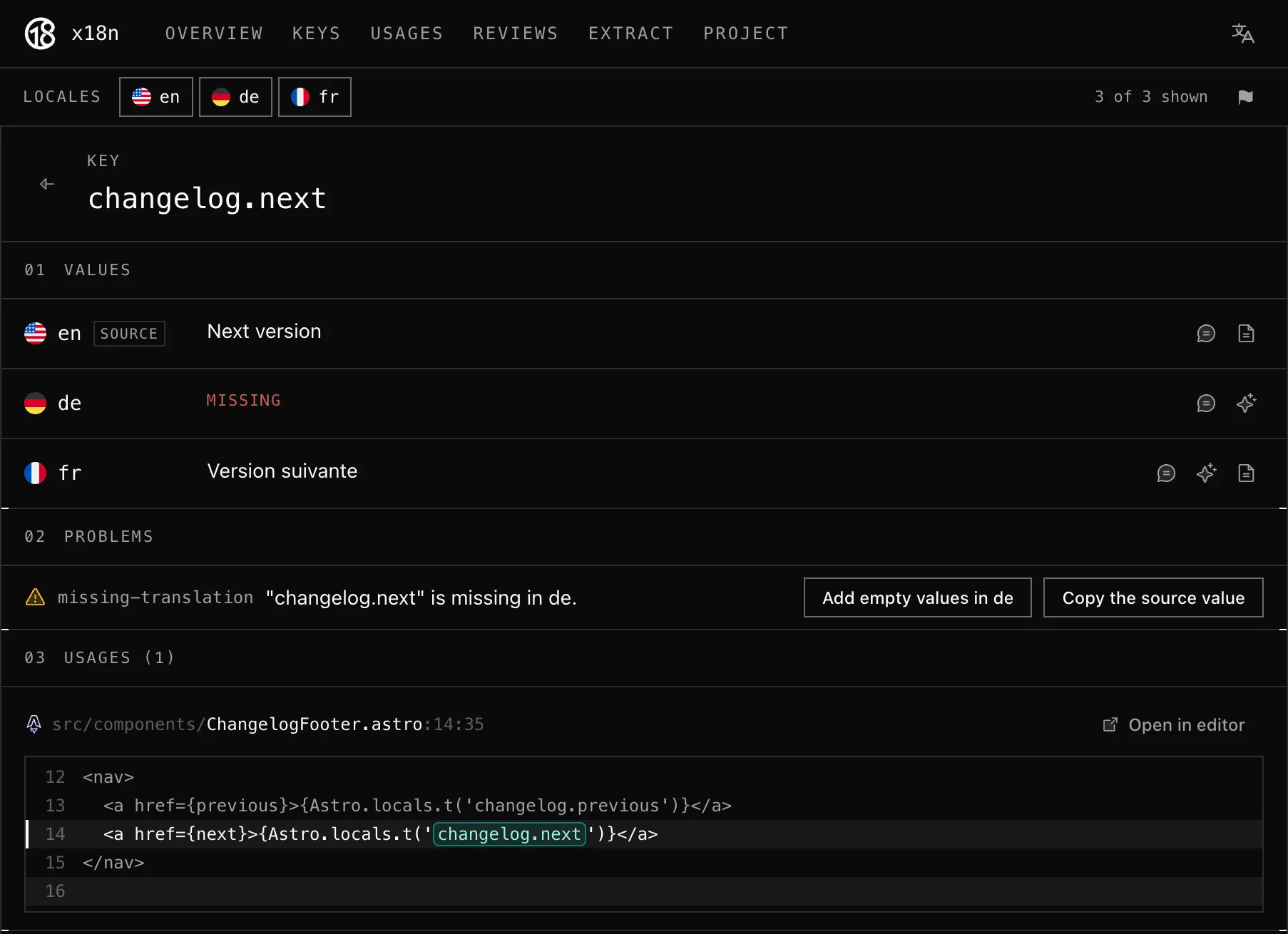 x18n UI page for the changelog.next key showing its English and French translations, a missing German translation, and its usage in the ChangelogFooter.astro component